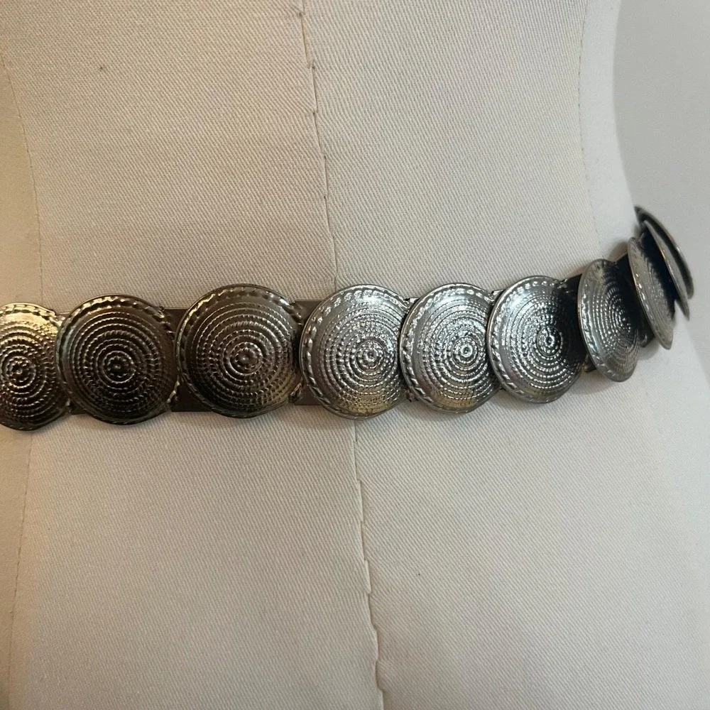 Vintage Silver Metal Elastic Medallion Coin Belt‎ Boho Western M L